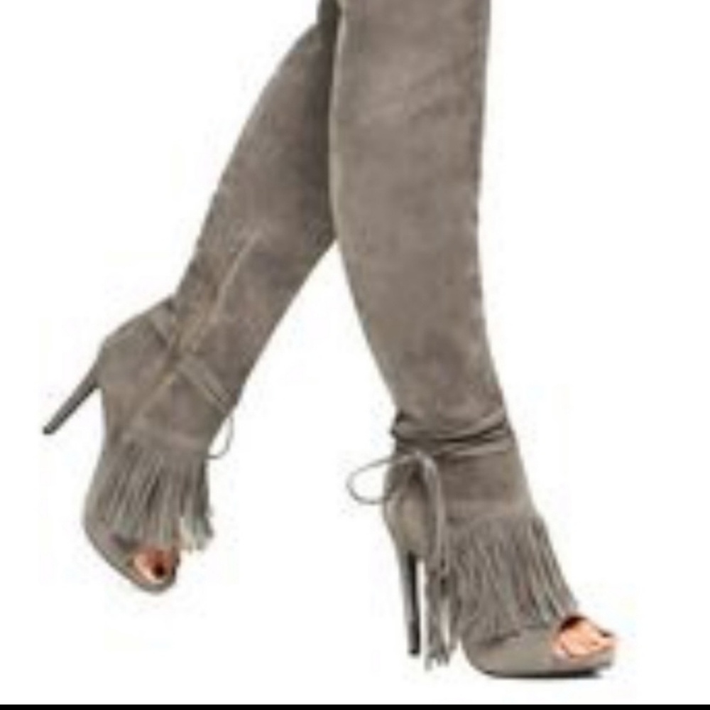 Gray knee high suede boots
